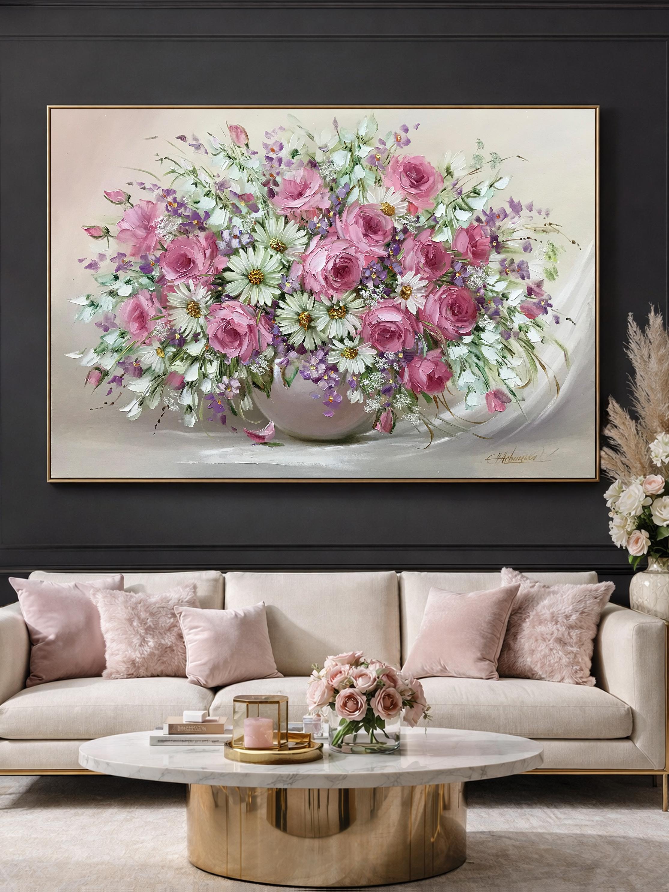 キャンバスに描かれた花束の油絵、静物画（花柄）の壁掛けアート