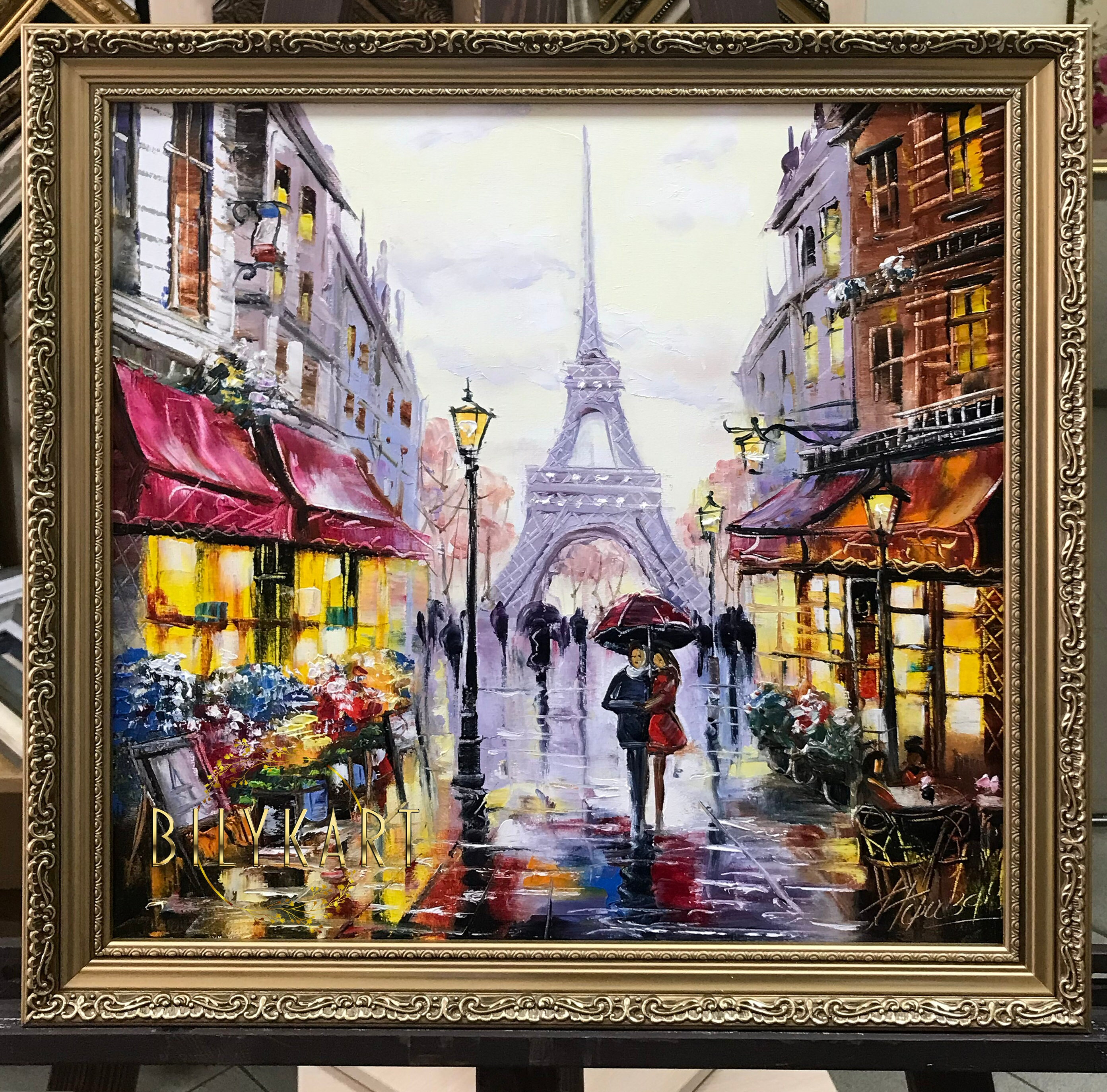 パリのエッフェル塔の油絵、額入り、パリを歩くカップル、キャンバスに