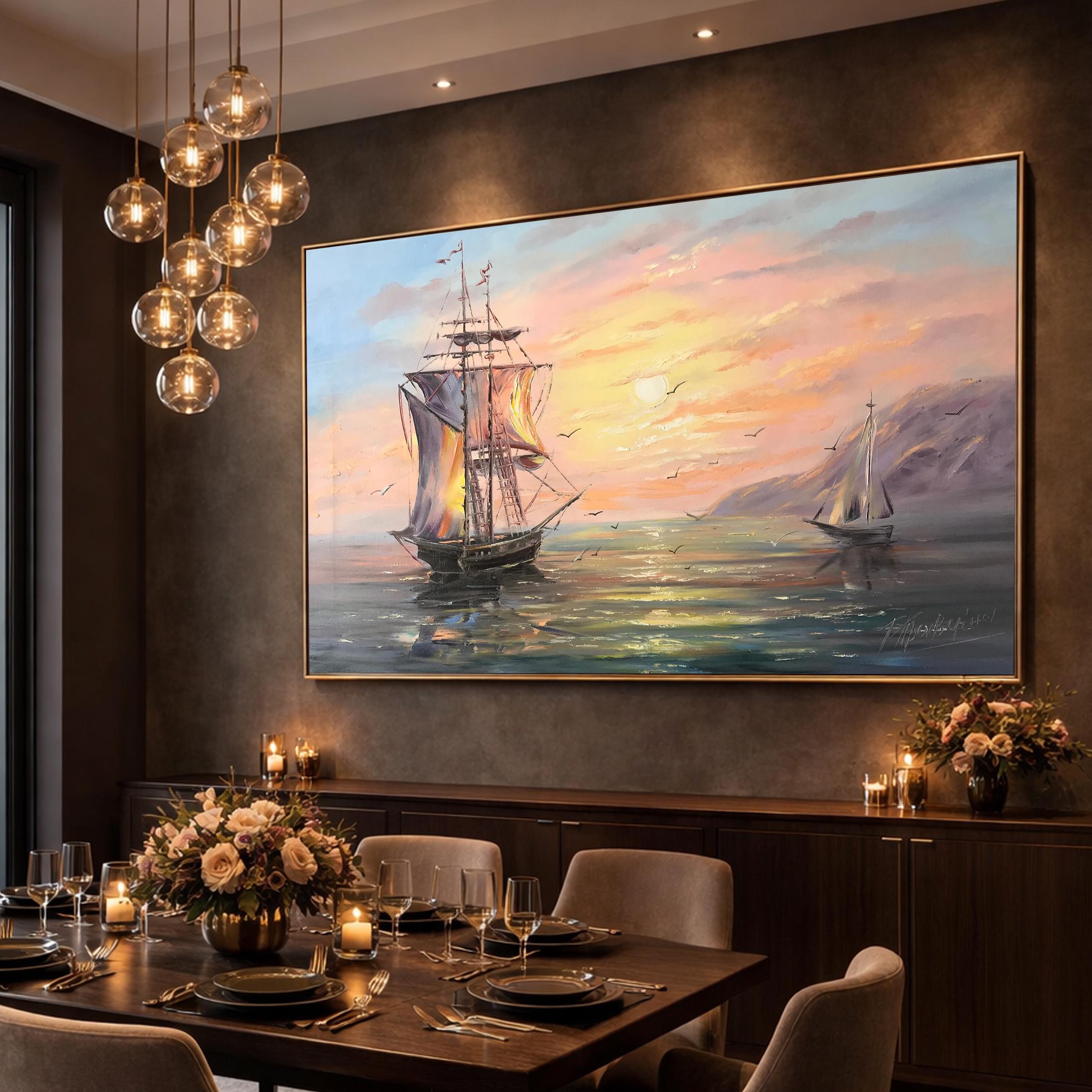 海上の船の油絵、ピンクの夕焼けの海景風景画、大型の帆船アート作品