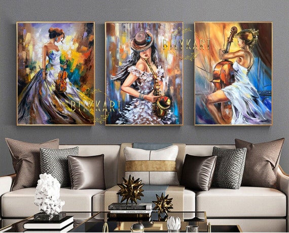 3 Painting Set Girl Paintings Music Wall Decor European Oil