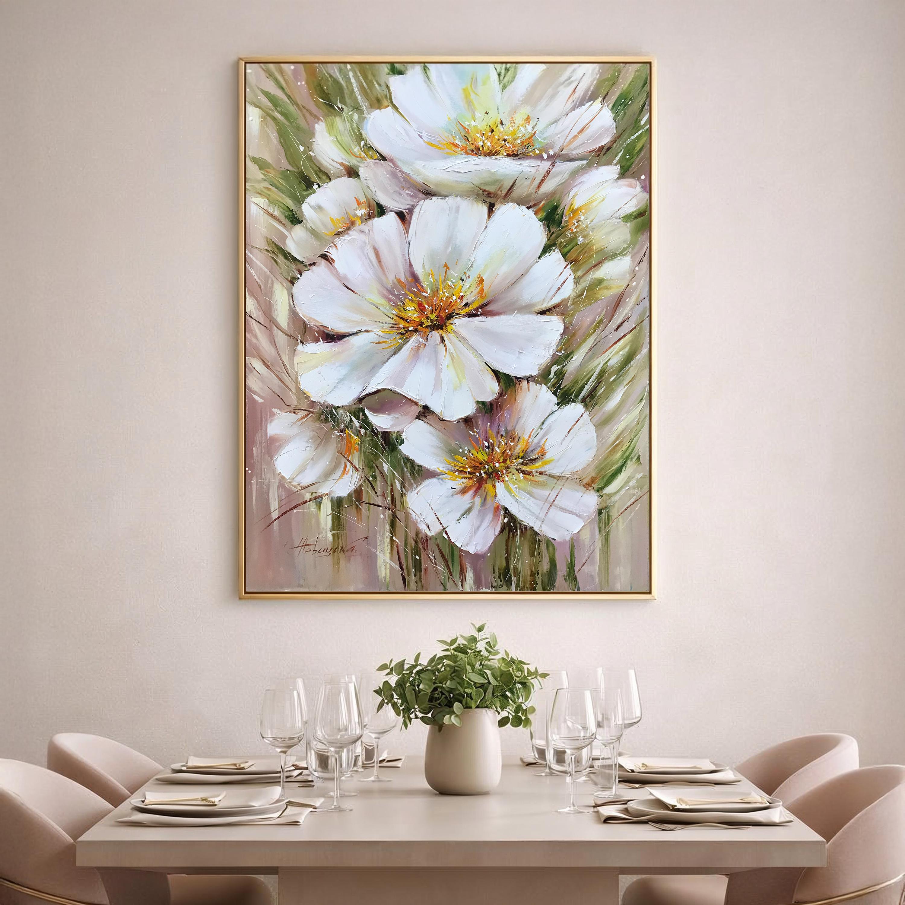 Large White Flower Oil Paintings on Canvas Abstract Floral Framed Art ...