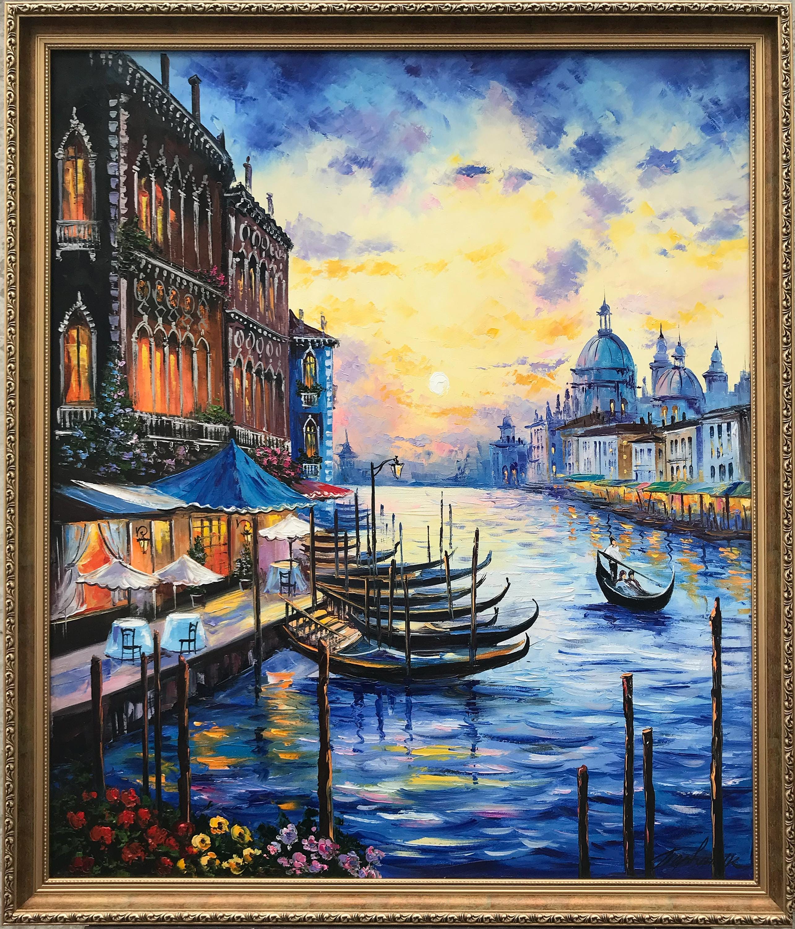 ヴェネツィア大運河の油絵 イタリア：ヴェネツィアのゴンドラの夕日の