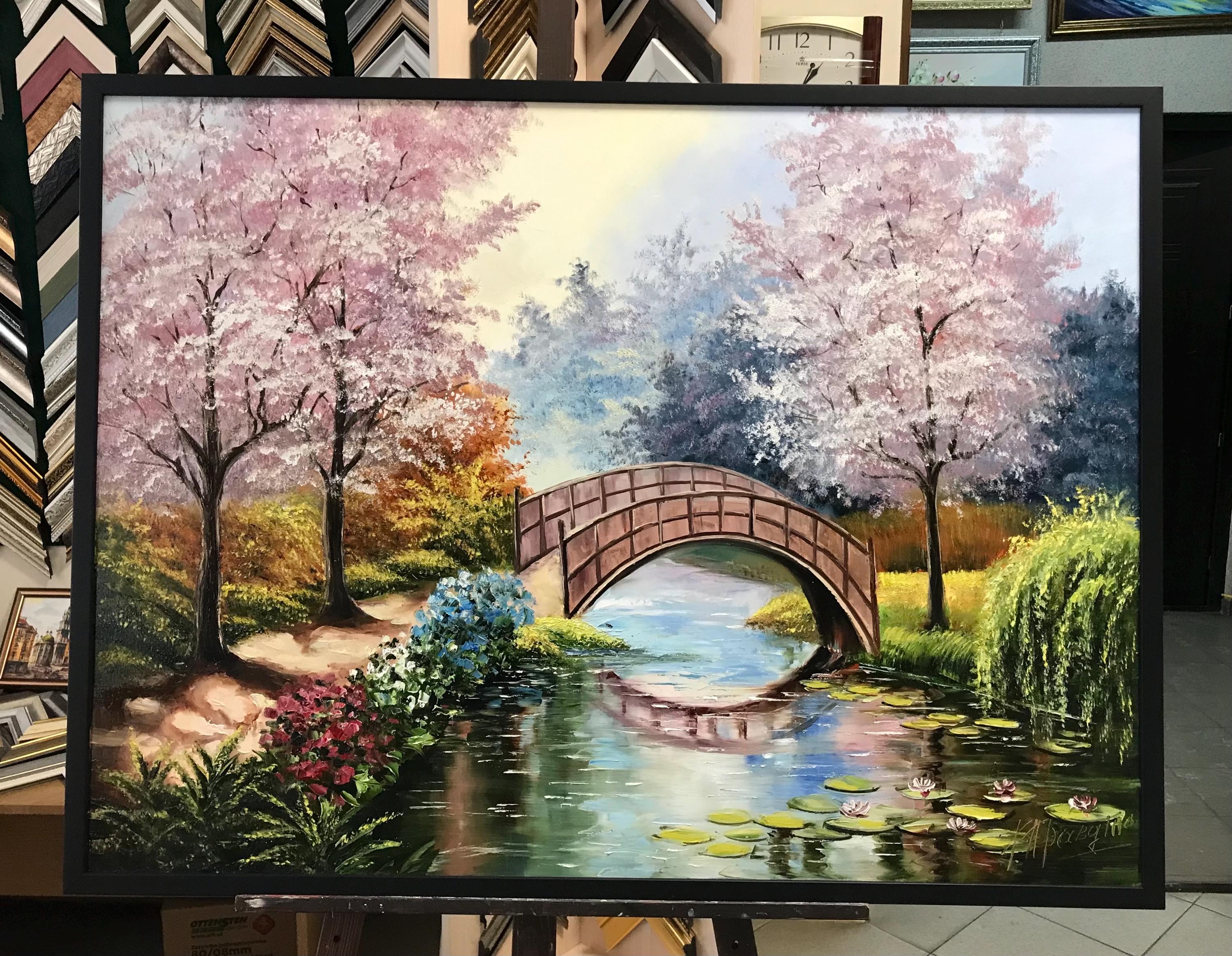 モネの睡蓮の油絵 オリジナル桜アート 日本庭園の絵画 睡蓮の池に