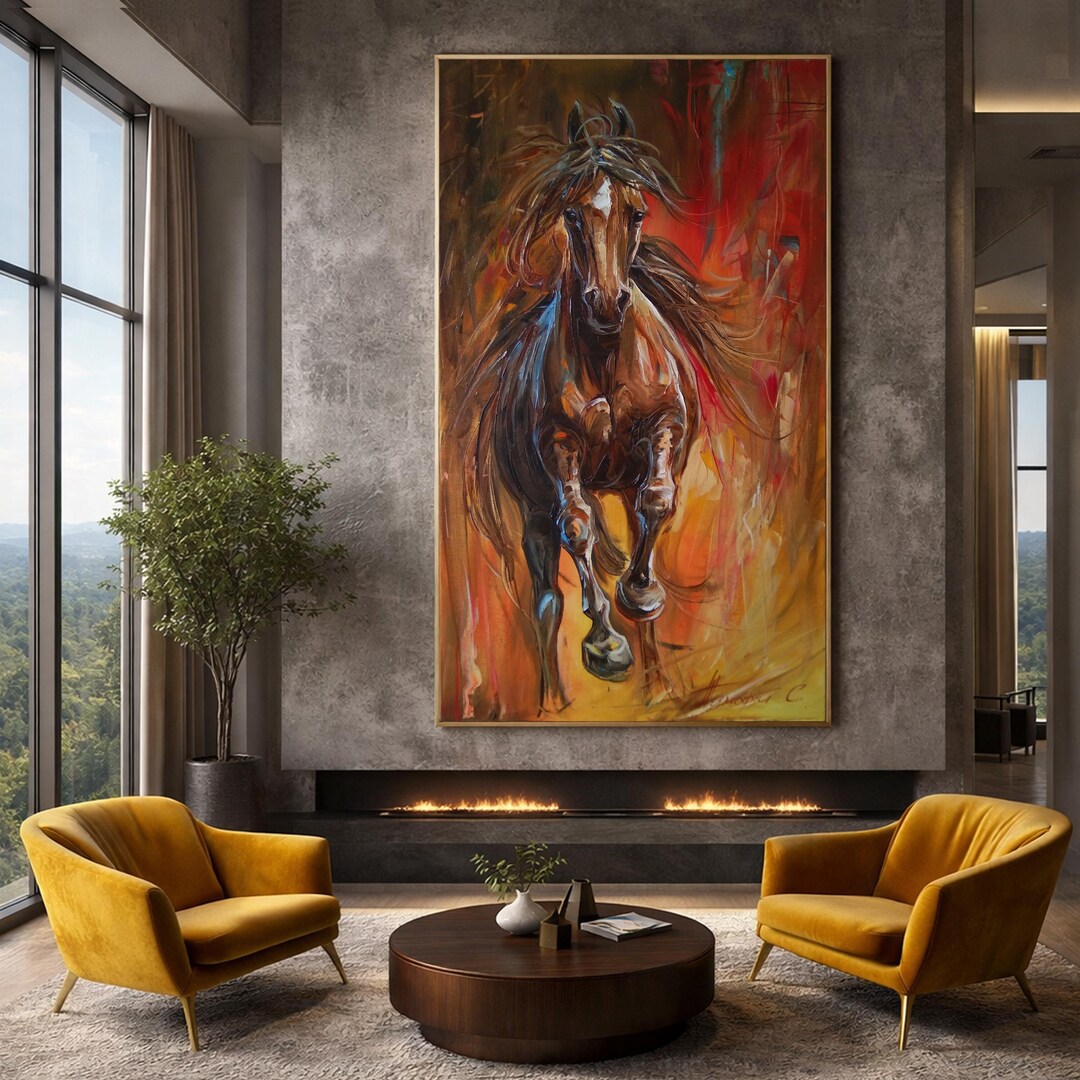 Running Horse Oil Painting on Canvas: Large Abstract Equestrian Wall ...