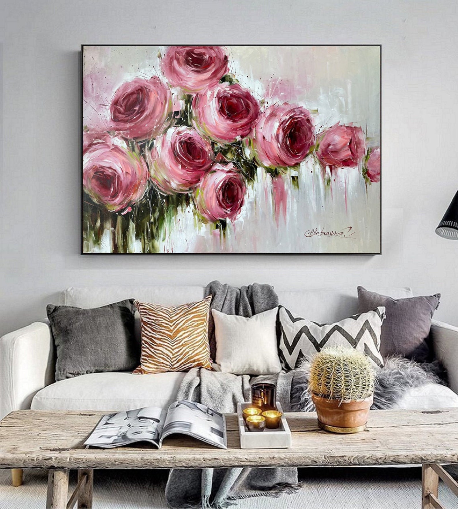 Large Oversized Roses Wall Art Pink Canvas Flowers Oil | Etsy