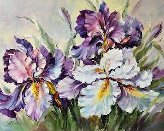 Claude Monet Iris Painting on Canvas, Textured Botanical Flower Oil Painting
