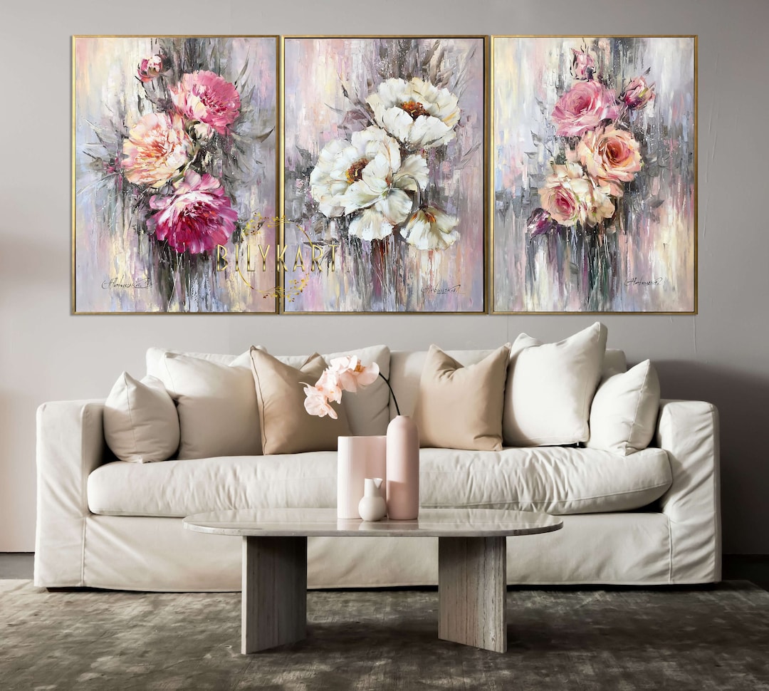 Set of 3 Painting Original Abstract Flowers Wall Art Large Floral ...