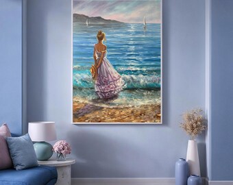 ビーチガールの油絵 海辺の女性 ウォールアート 彼女へのロマンチック
