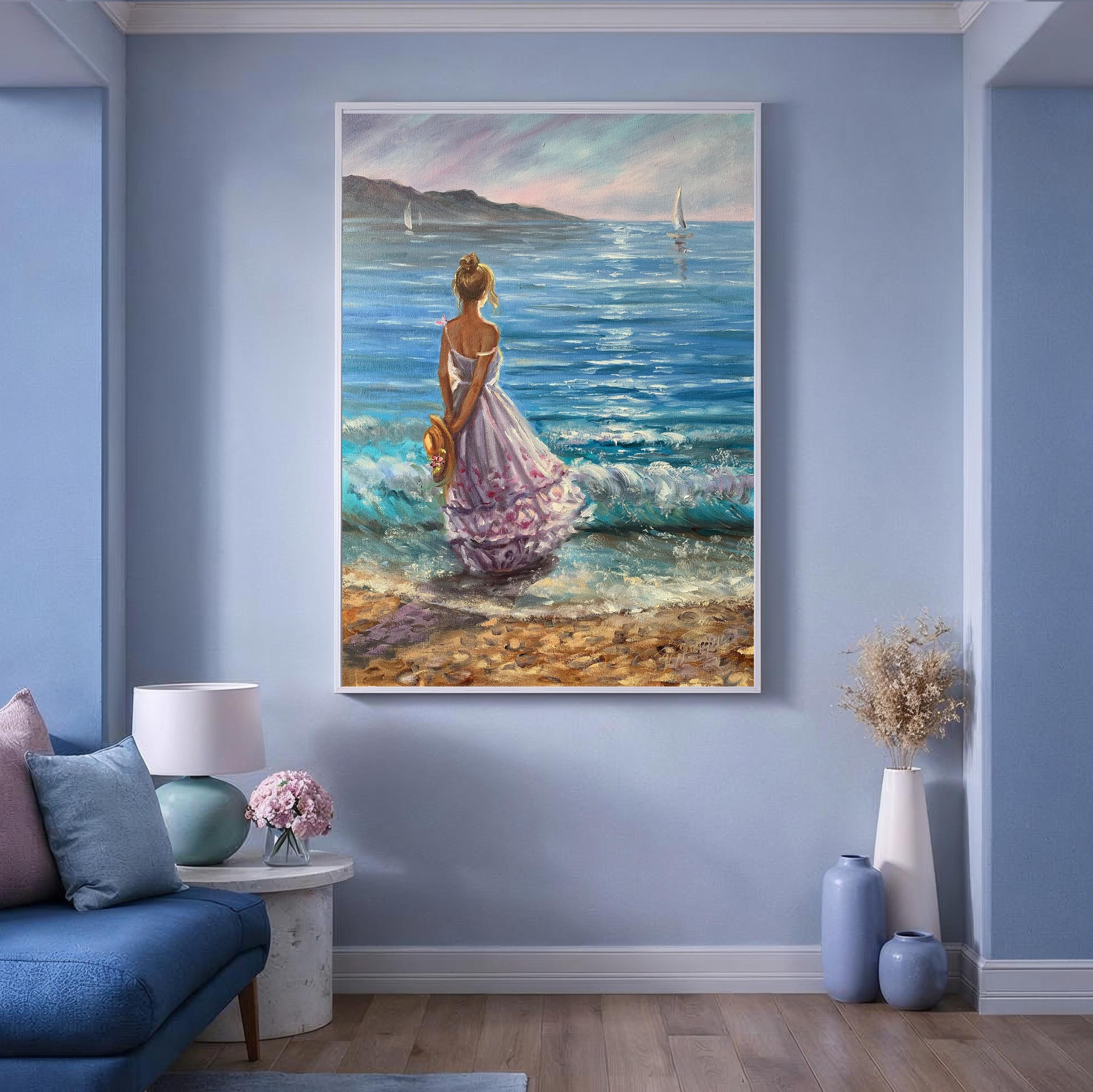 ビーチガールの油絵 海辺の女性 ウォールアート 彼女へのロマンチック