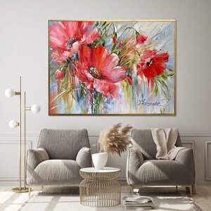 Red Poppies Original Painting, Large Blooming Flowers Wall Art, Poppy ...