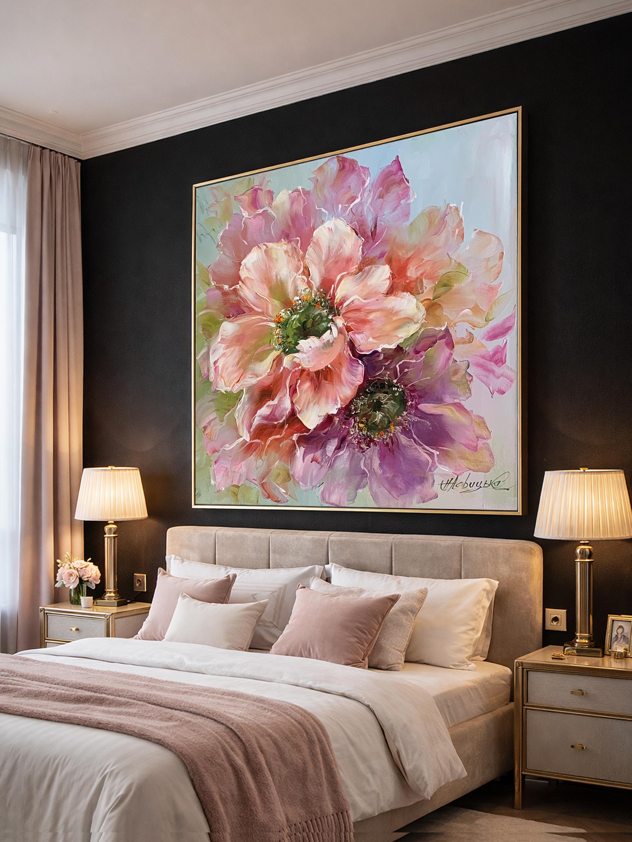 大型花柄油絵 オリジナル花柄アート作品 抽象的な花の絵画 大型