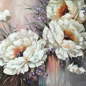 白い花 オリジナルの抽象的な花の絵 ロマンチックな壁画 灰色の 白い花 オリジナルの抽象的な花の絵 ロマンチックな壁画 灰色の