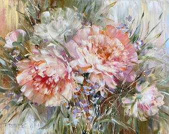 Peonies Oil Painting Original Art Work Pink Flowers Painting Canvas Peony Wall Art Flower Oil Painting Light Pink Wall Art Peony Painting