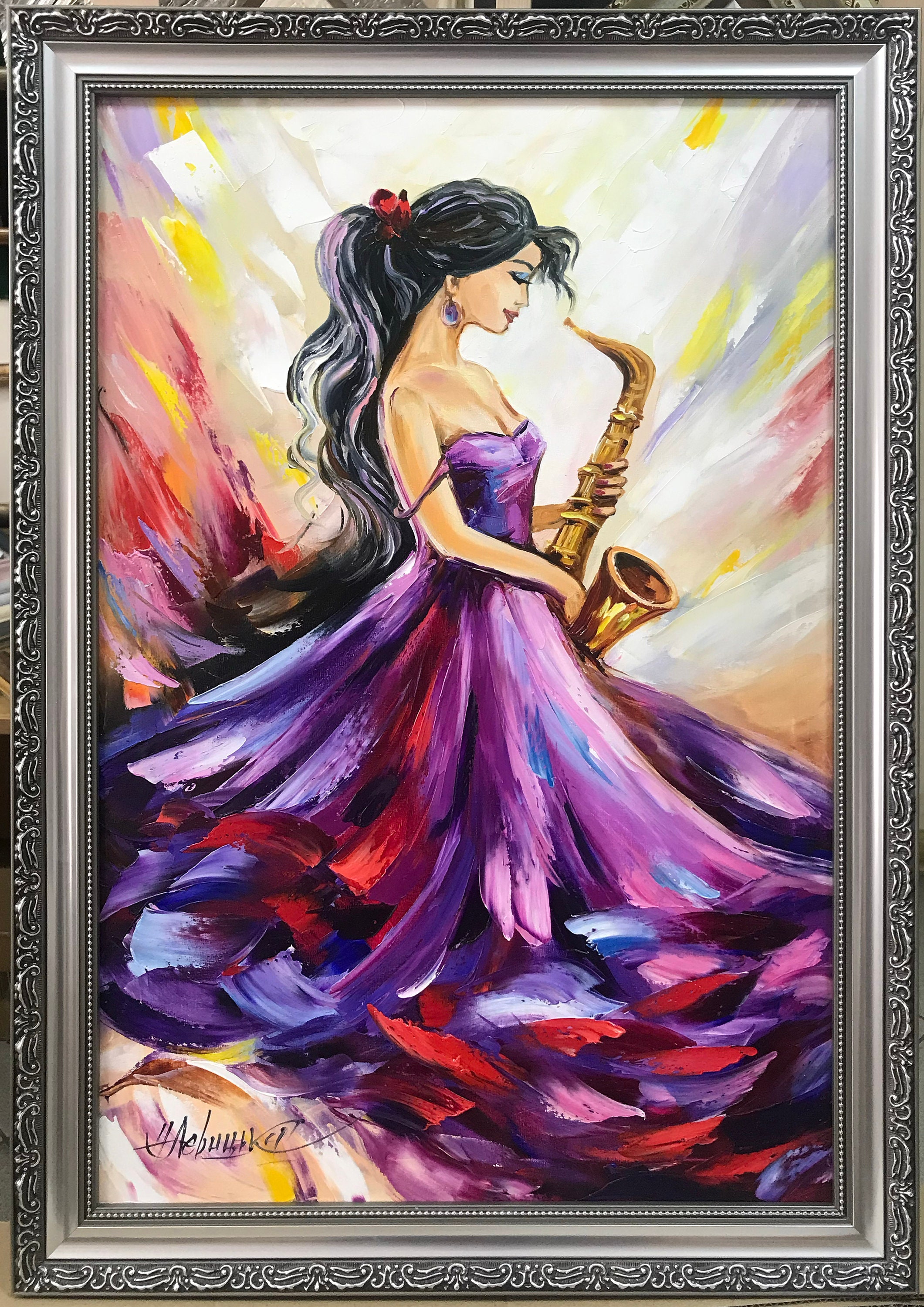 サックス奏者の女性の絵画 オリジナルサックス奏者の絵画