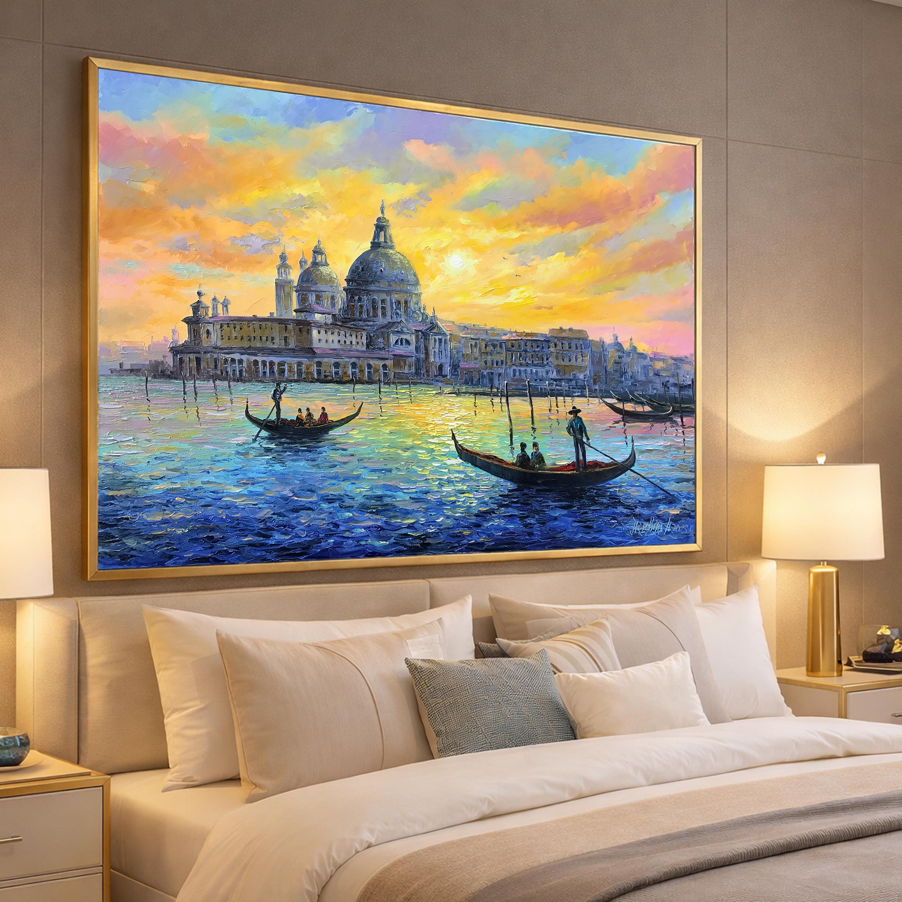 ベネチア運河の油絵、イタリアのオリジナル絵画、ベネチアの壁掛け