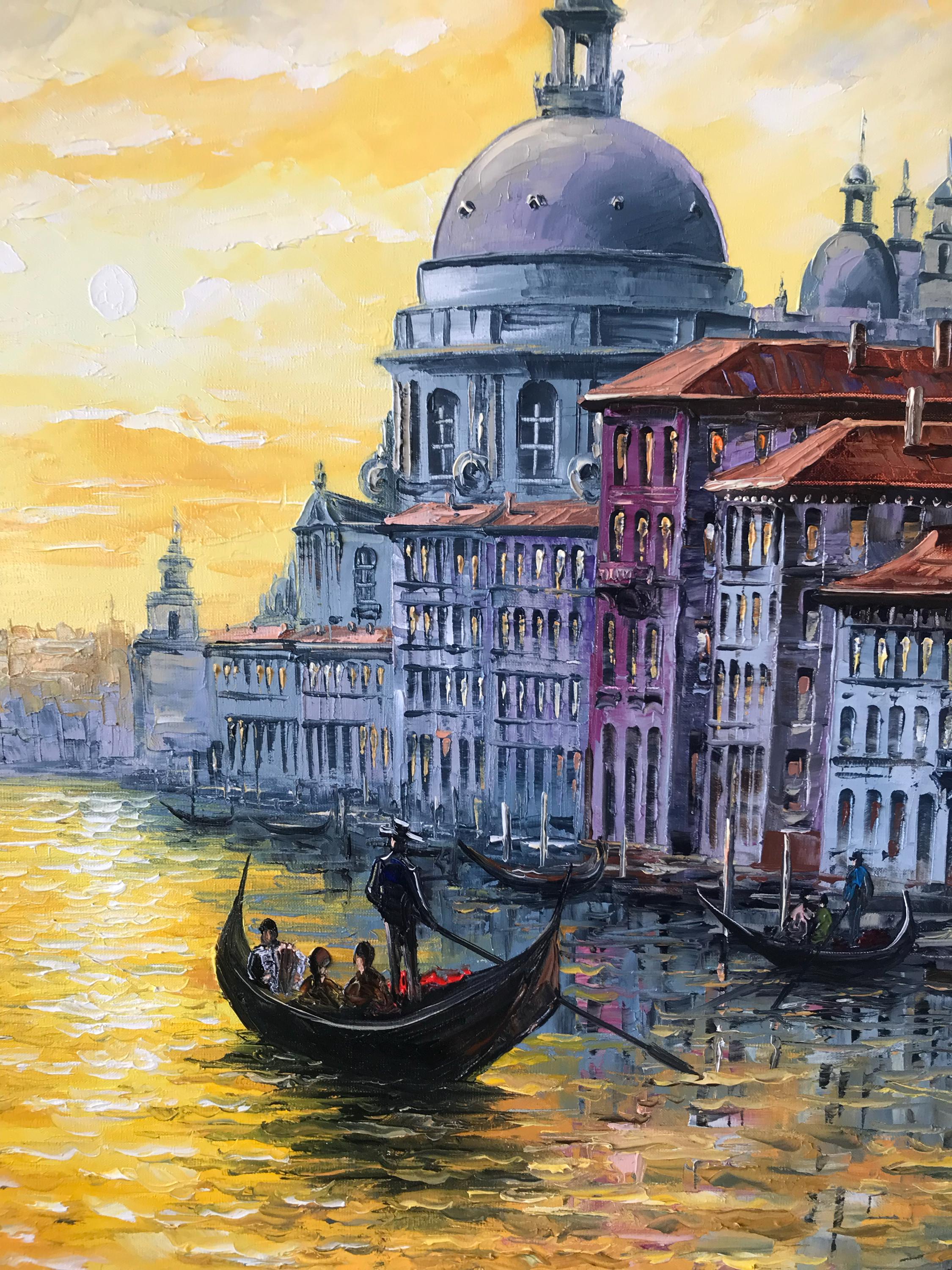 ヴェネツィアの夕日 イタリア 油絵 オリジナル：ヴェネツィアの運河を