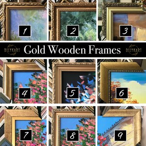 May include: A collection of gold wooden frames, each showcasing a different artwork. The frames vary in style, with ornate and simple designs. The artwork includes landscapes and abstract pieces, with a variety of colors and textures.