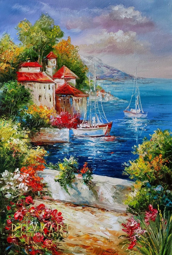 イタリア沿岸のイタリア漁船を描いたポルトフィーノの絵画、地中海風