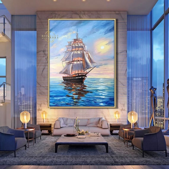 夕日に沈むカラフルな船の油絵、海の波の壁アート、帆船の絵画