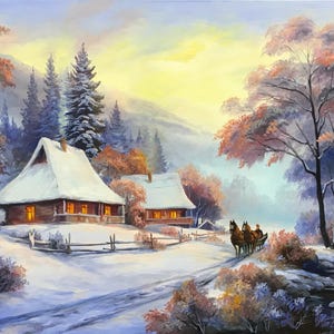 Snow Scene Painting Folk Art Winter Forest Painting Original Winter Village Art Snow Landscape Art Framed Scenic Cozy Winter Painting