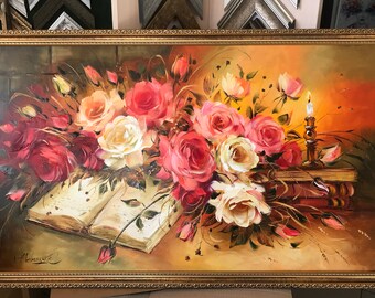 ヴィンテージローズ油絵オリジナル手描き花柄アート古典的なバラの絵画