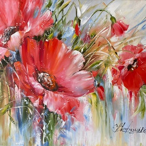Red Poppies Original Painting, Large Blooming Flowers Wall Art, Poppy Painting Art on Canvas, Red Floral Decor with Frame, Poppies Wall Art