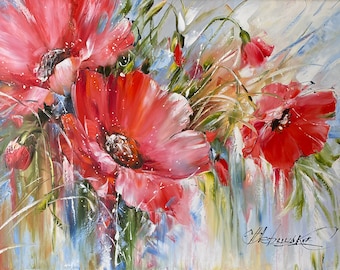 Pintura original de amapolas rojas, arte mural con flores grandes, pintura de amapolas sobre lienzo, decoración floral roja con marco, arte mural de amapolas