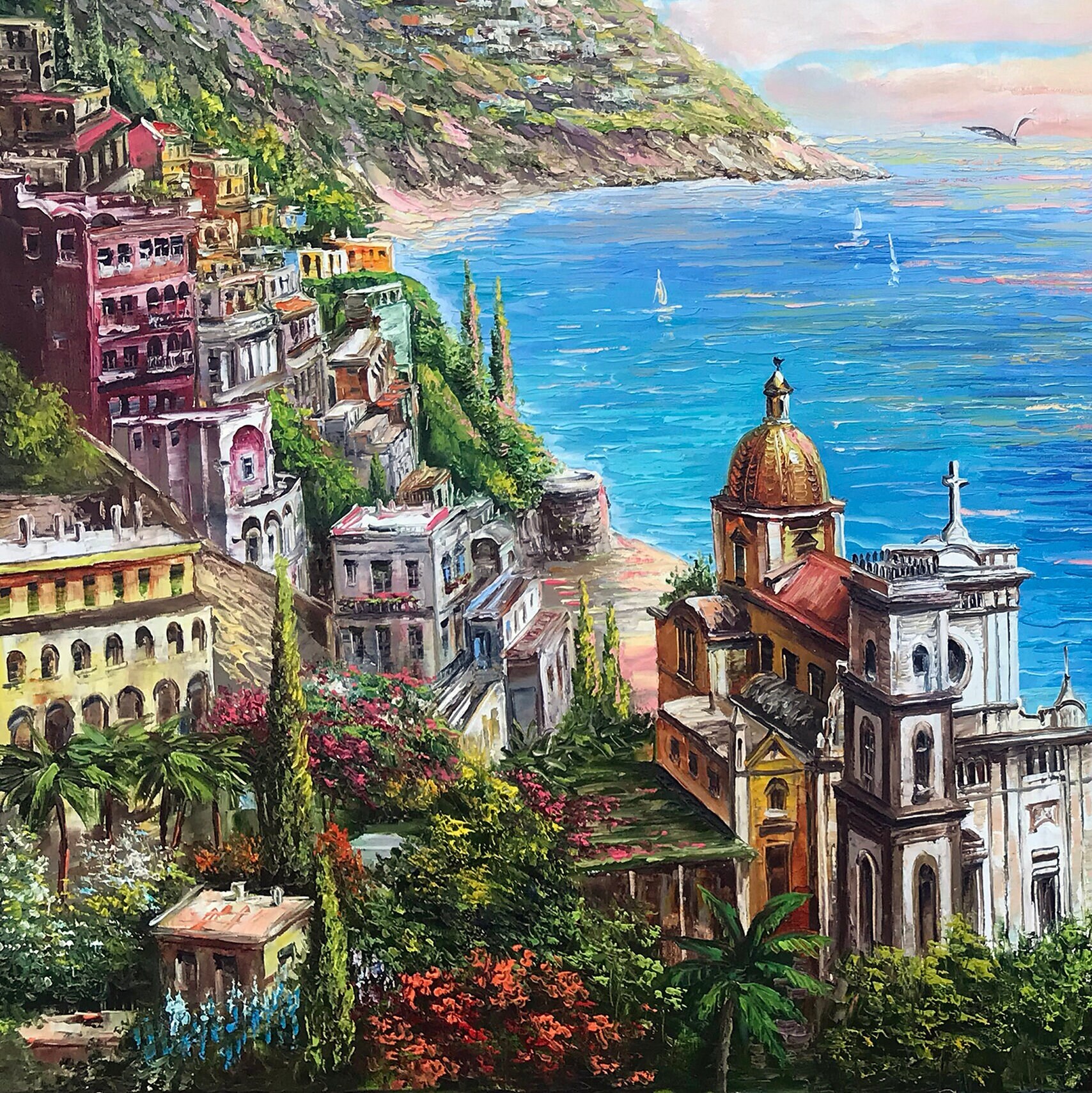 ポジターノ海岸 イタリア 油絵 オリジナル イタリア風景画 イタリア