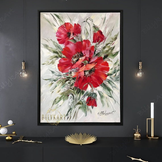 赤いポピーの油彩画 額縁付き 赤いポピーの油彩画 額縁付き 油絵 洋風