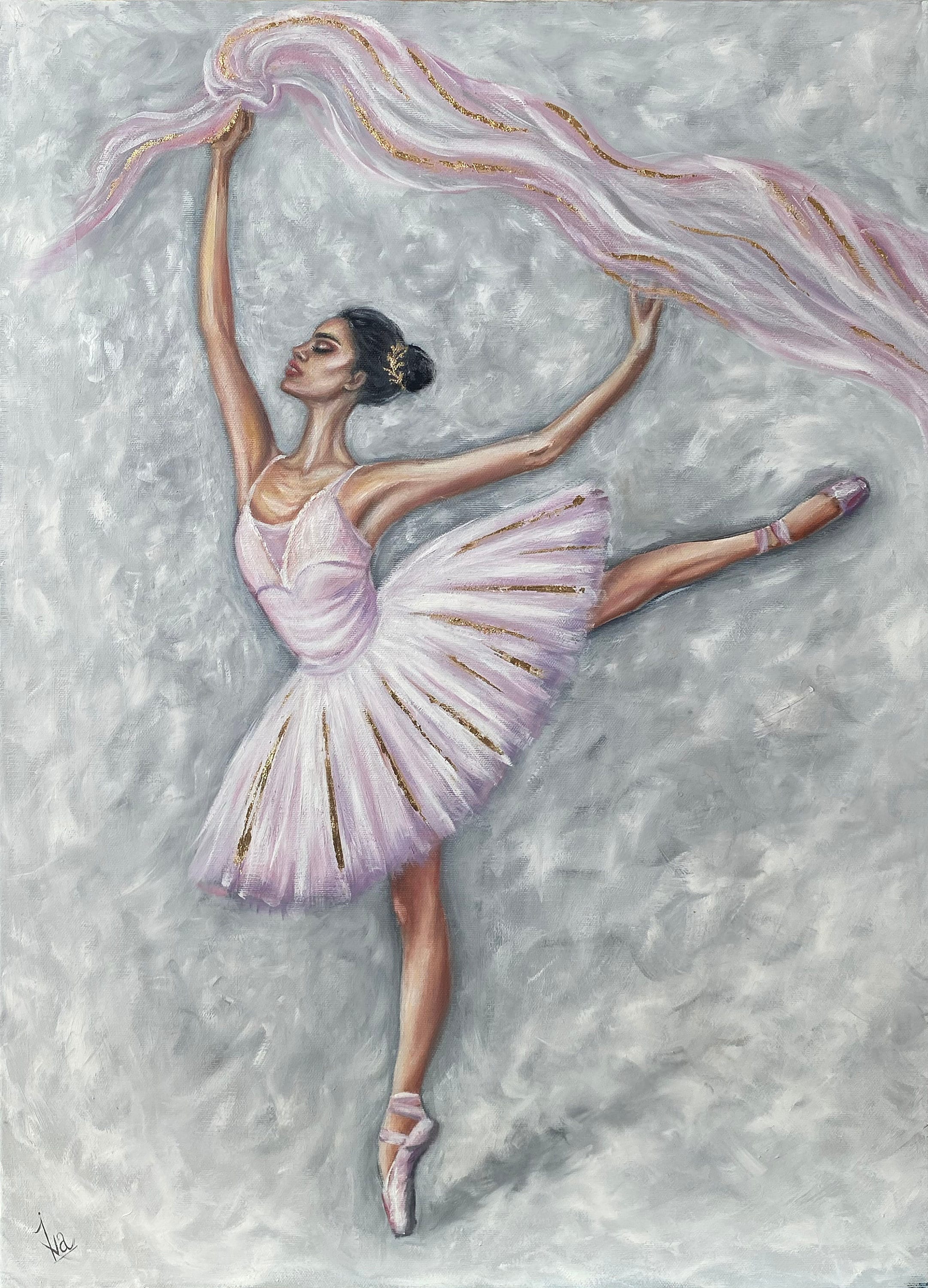 キャンバスに描かれたバレリーナの少女の絵画 踊るバレリーナの