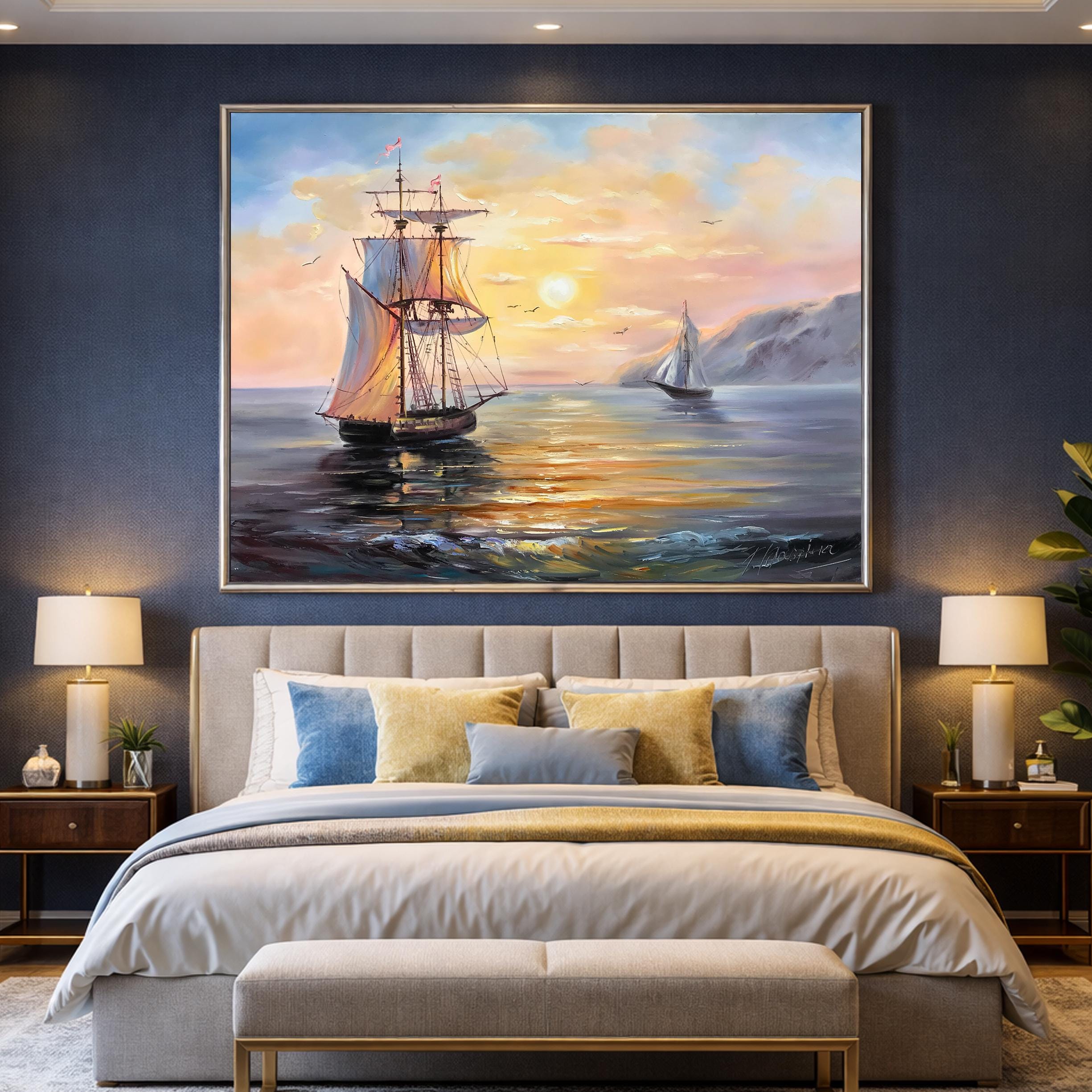 キャンバスに描かれた海事絵画 海に浮かぶ船の夕焼け油絵 オリジナル