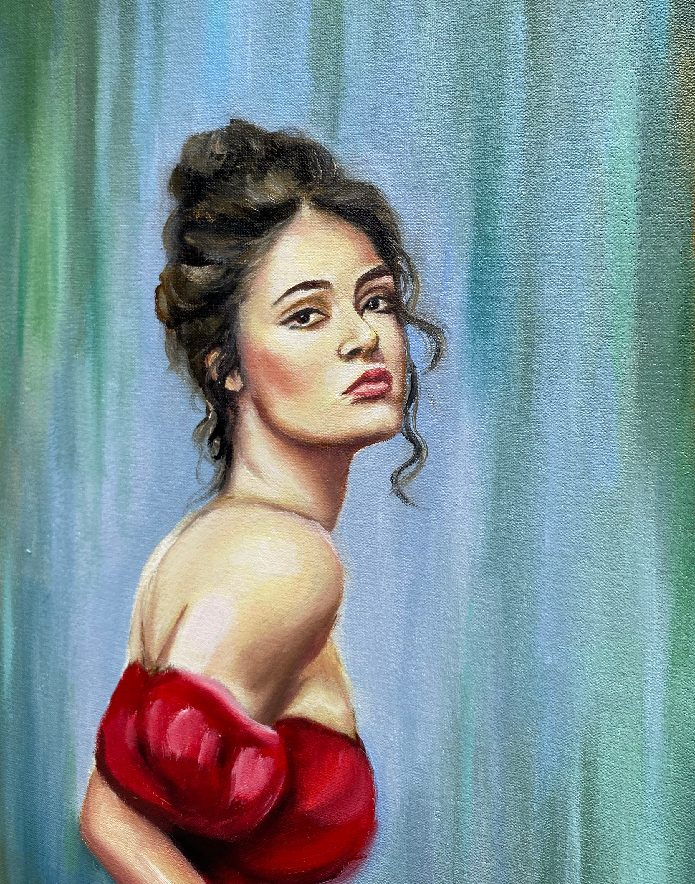 赤いドレスを着た女性の油絵 オリジナル抽象現代女性絵画 緑と赤の壁