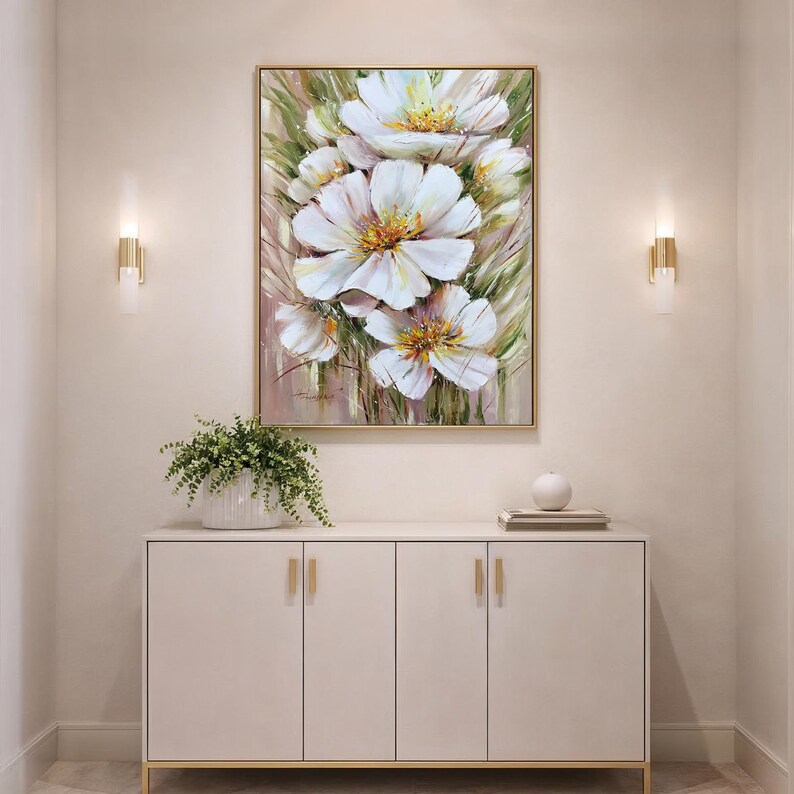 Large White Flower Oil Paintings on Canvas Abstract Floral Framed Art ...
