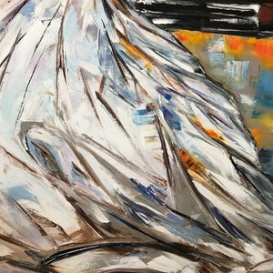 May include: Abstract oil painting with a focus on white and gray brushstrokes. The artwork features a textured, layered effect with hints of blue, orange, and brown. The composition suggests a flowing form against a backdrop of darker tones.