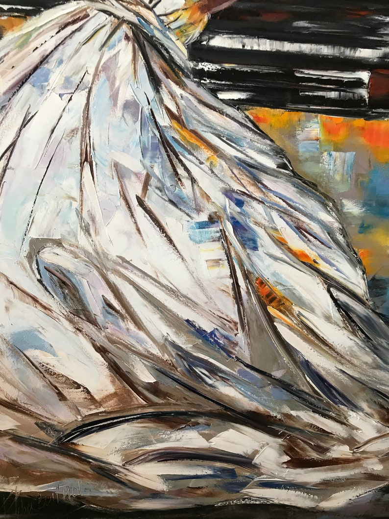 May include: Abstract oil painting with a focus on white and gray brushstrokes. The artwork features a textured, layered effect with hints of blue, orange, and brown. The composition suggests a flowing form against a backdrop of darker tones.