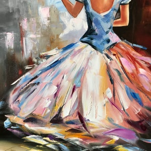 May include: Oil painting of a person playing a violin. The person is wearing a light blue dress with a full skirt in shades of white, pink, and orange. The background is a mix of grey and brown tones.