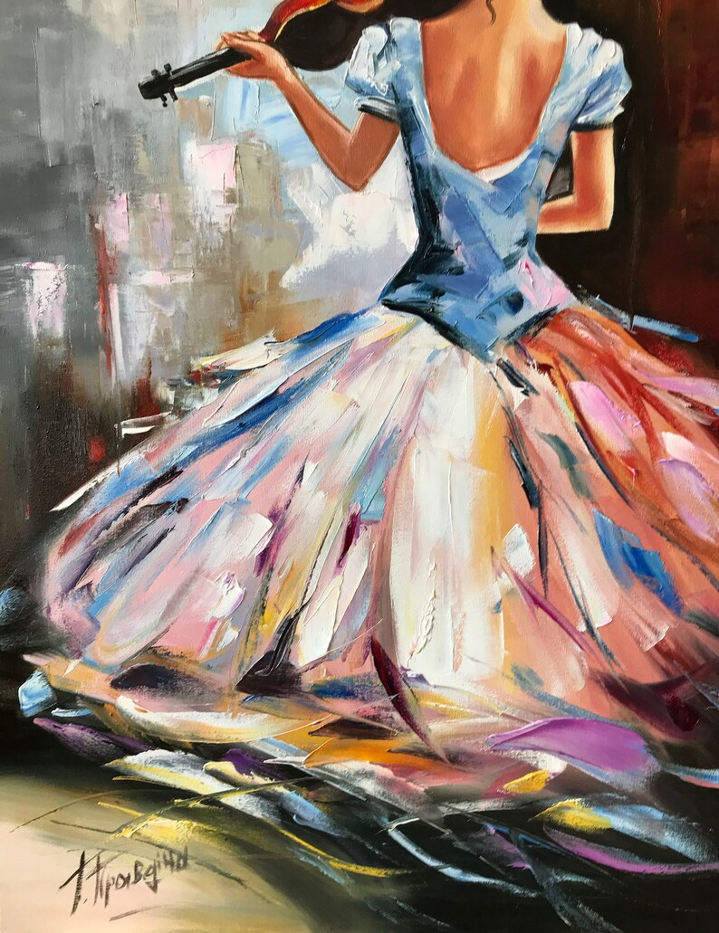 May include: Oil painting of a person playing a violin. The person is wearing a light blue dress with a full skirt in shades of white, pink, and orange. The background is a mix of grey and brown tones.