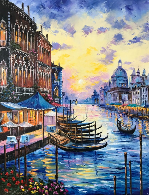 Großes Venedig Ölgemälde Original Italien Kunst Gondel Ölgemälde Venedig  Kunstwerk Italien Wandkunst Gold Sonnenuntergang in Venedig Grand Canal  Gemälde