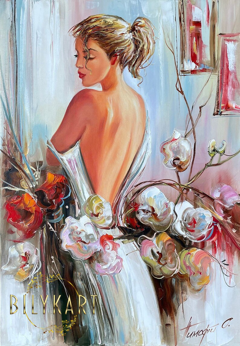 May include: Oil painting of a woman with her back turned, wearing a white dress, surrounded by flowers. The artwork features a palette of warm tones, with red and white flowers. The artist's signature is visible in the bottom right corner, and the text "BILYKART" is in gold.