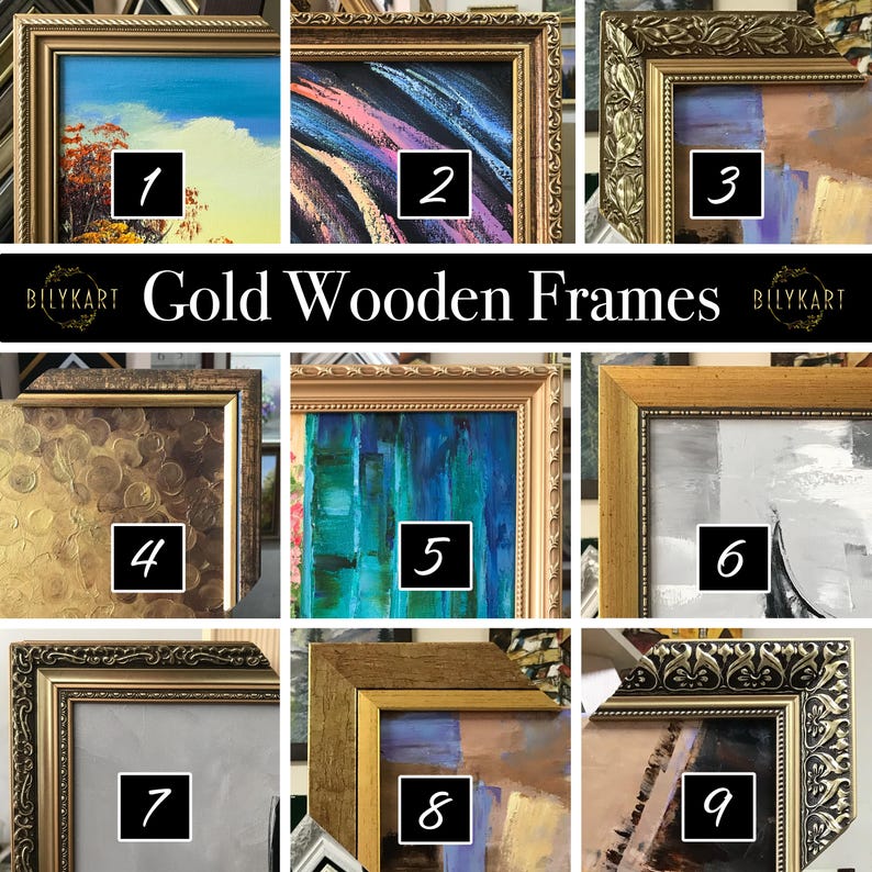 May include: A collection of gold wooden frames, each showcasing a different abstract painting. The frames vary in design, from ornate to simple, and the artwork features a range of colors and styles. The text "BILYKART Gold Wooden Frames" is displayed.