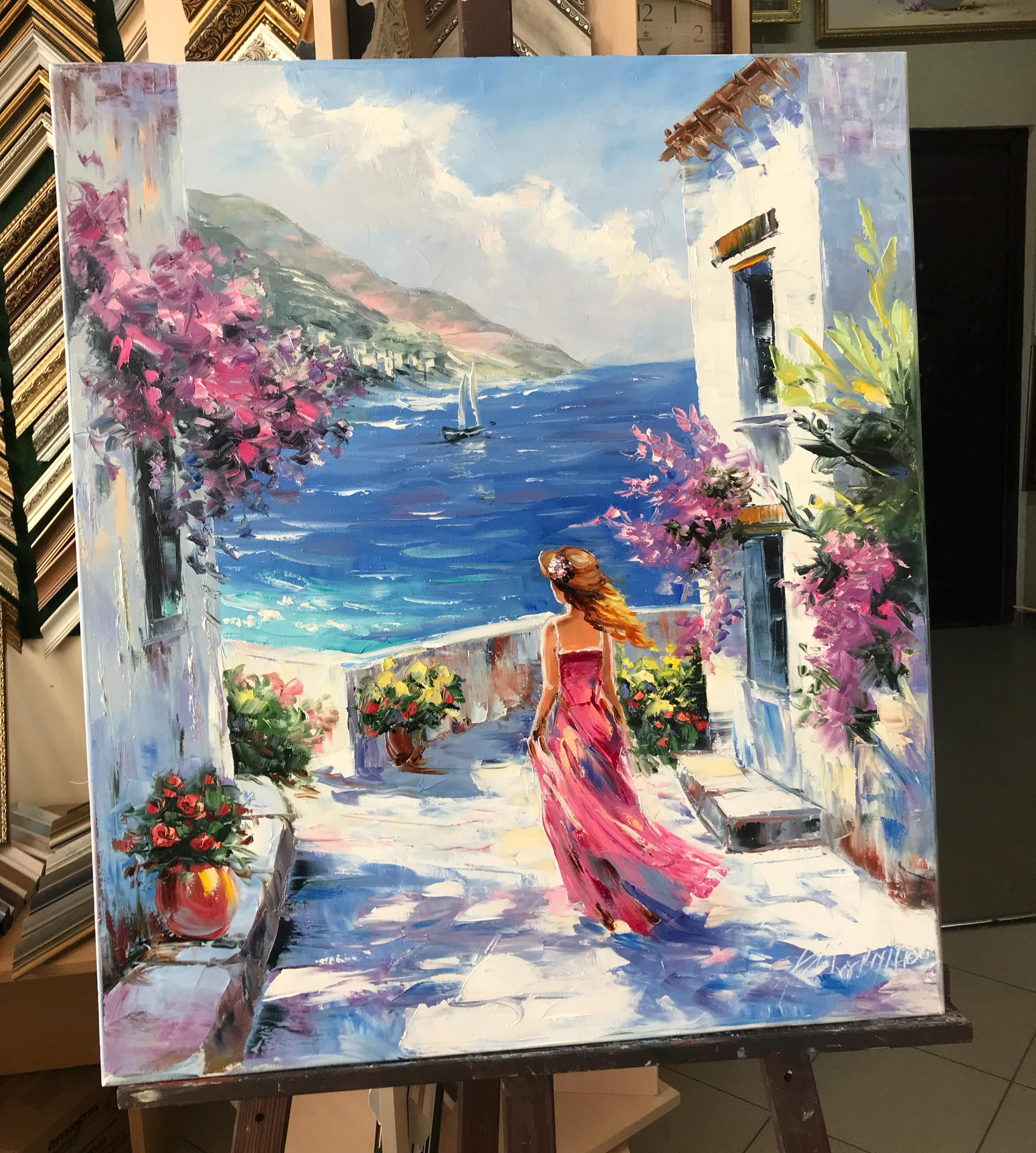 ミコノスの絵画 オリジナル 海を眺める女性の絵画 ギリシャの島の芸術