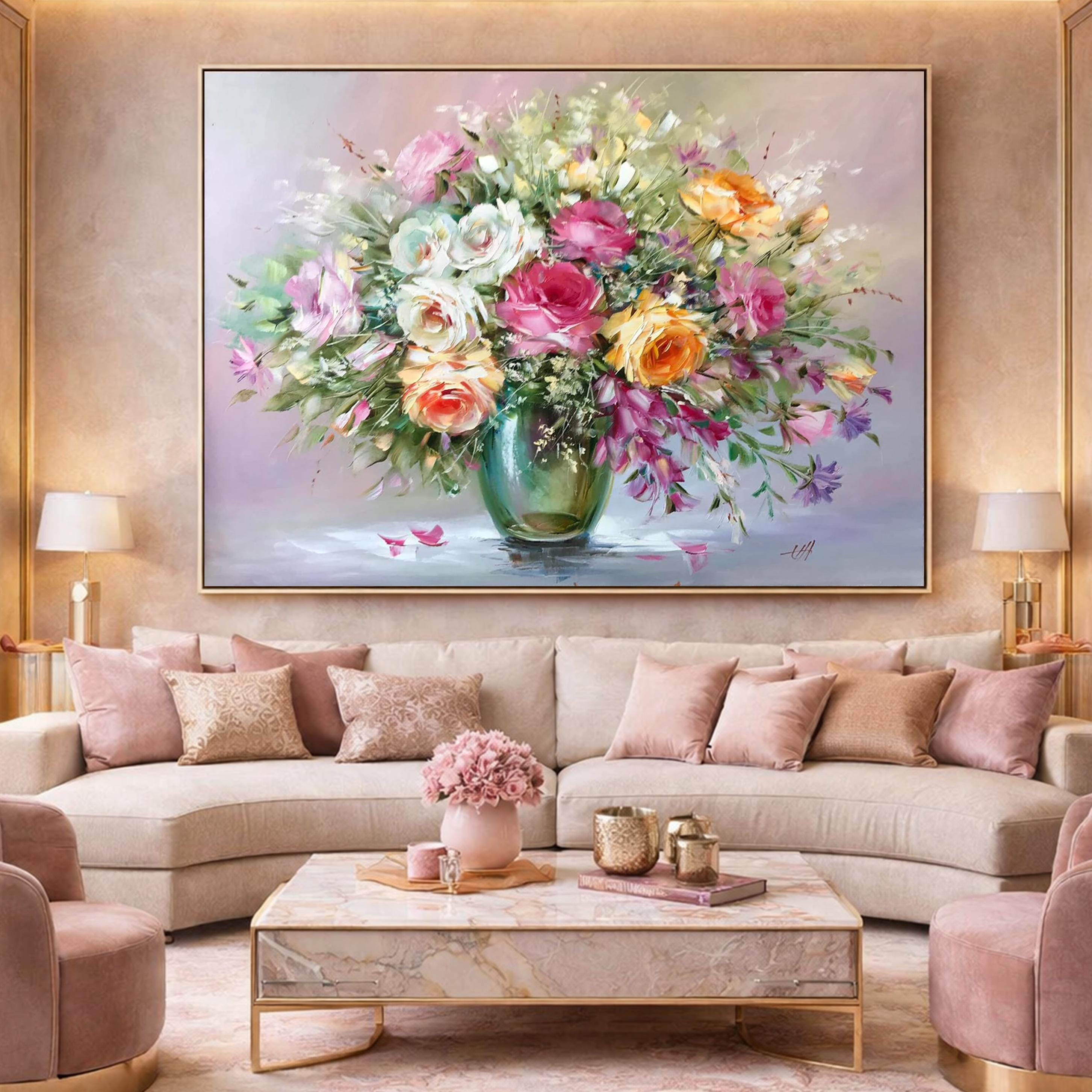 Large Flowers Oil Painting Original Roses Wall Art Saga Green