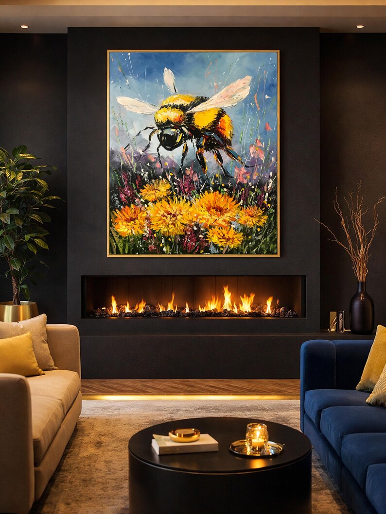 Original Bumble Bee Oil Painting, Blue and Yellow Insect Wall Art - Etsy