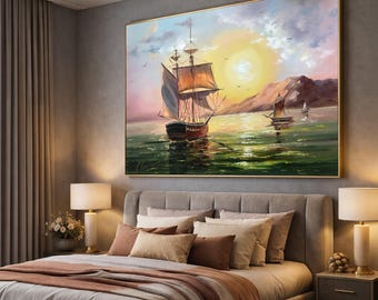 帆船の油絵、夕日の船のオリジナル絵画、帆船の壁掛けアート、沿岸の