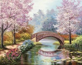 モネの睡蓮の油絵 オリジナル桜アート 日本庭園の絵画 睡蓮の池に