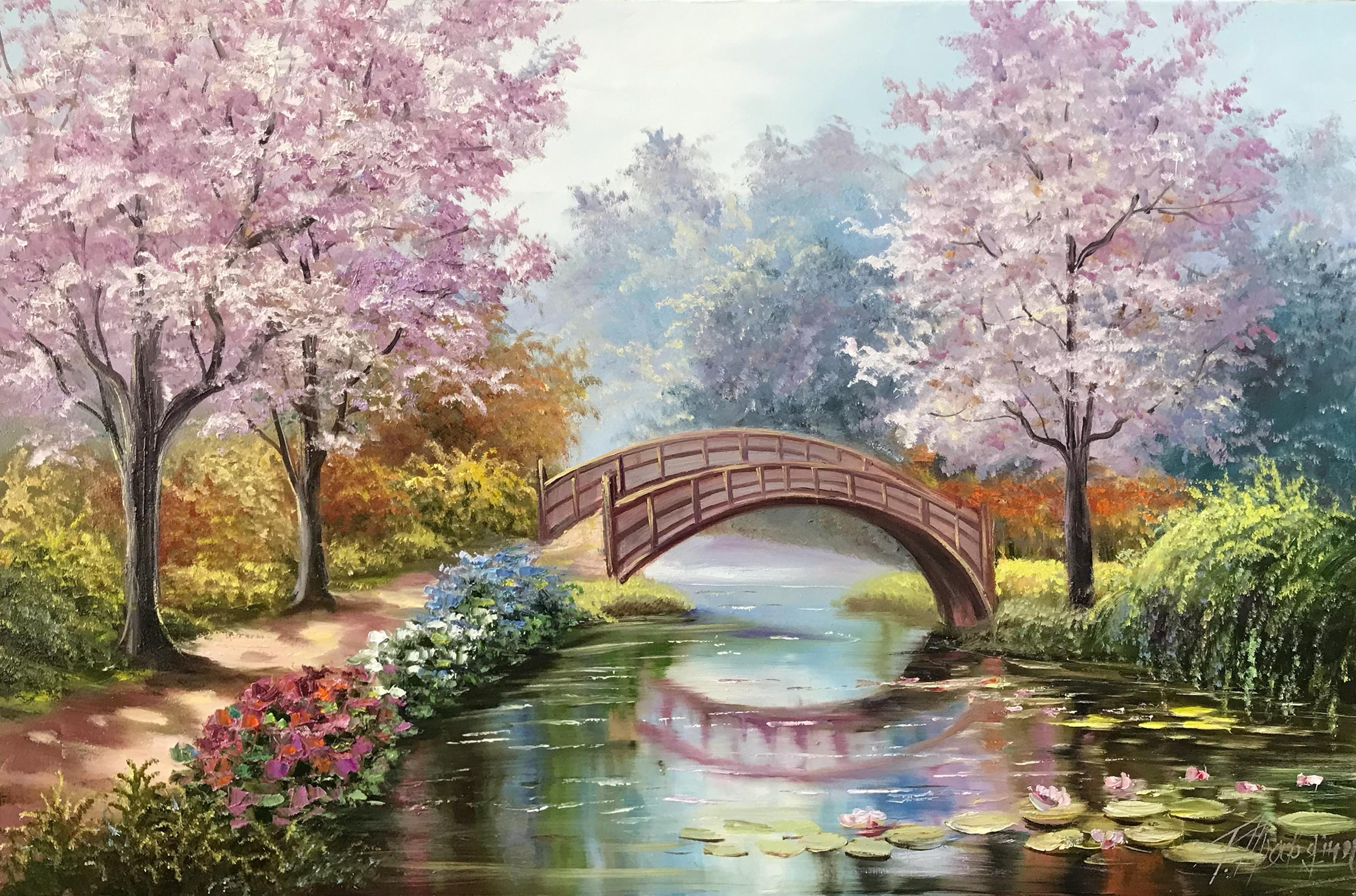 モネの睡蓮の油絵 オリジナルの桜のアート 日本庭園の絵画 睡蓮 モネの睡蓮の油絵 オリジナルの桜のアート 日本庭園の絵画 睡蓮
