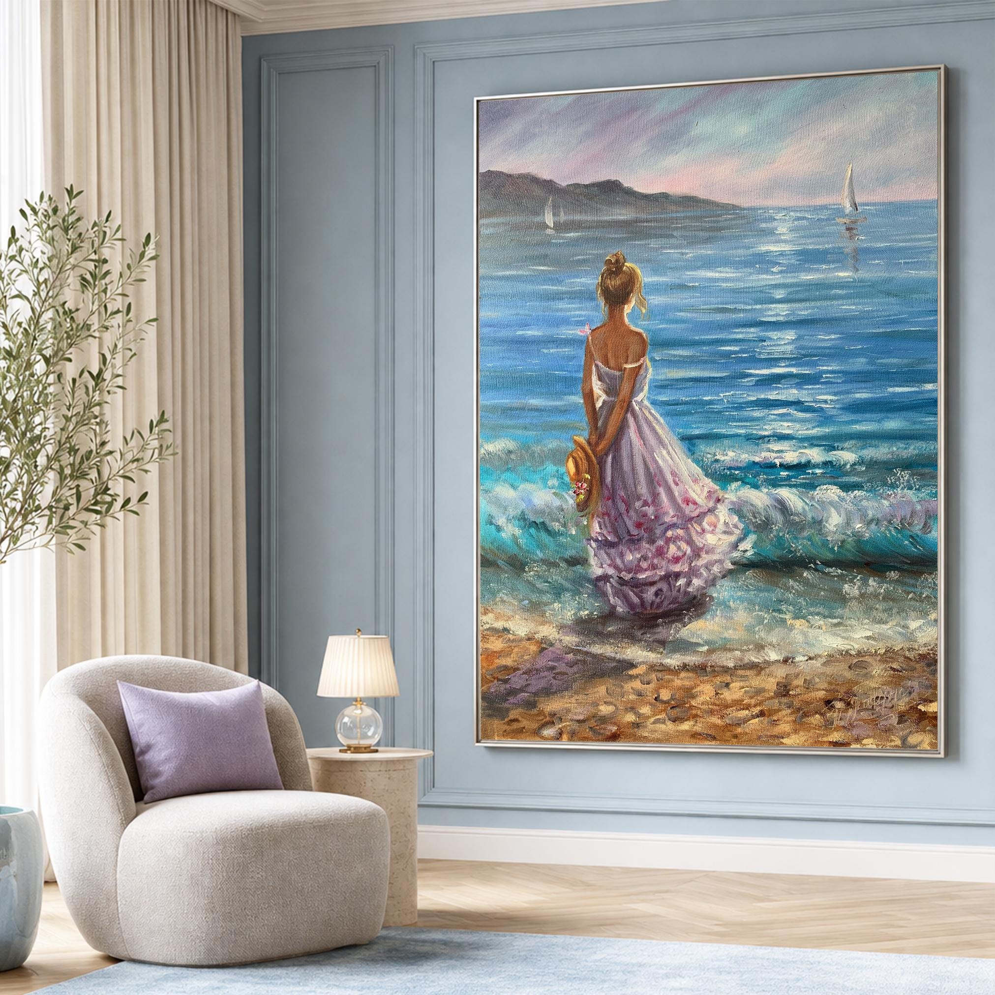ビーチガールの油絵 海辺の女性 ウォールアート 彼女へのロマンチック