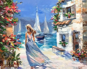 Girl at Beach Painting Original Vacation Wall Art Greece Painting on Canvas Woman Looking at Sea Painting Greece Artwork Santorini Painting