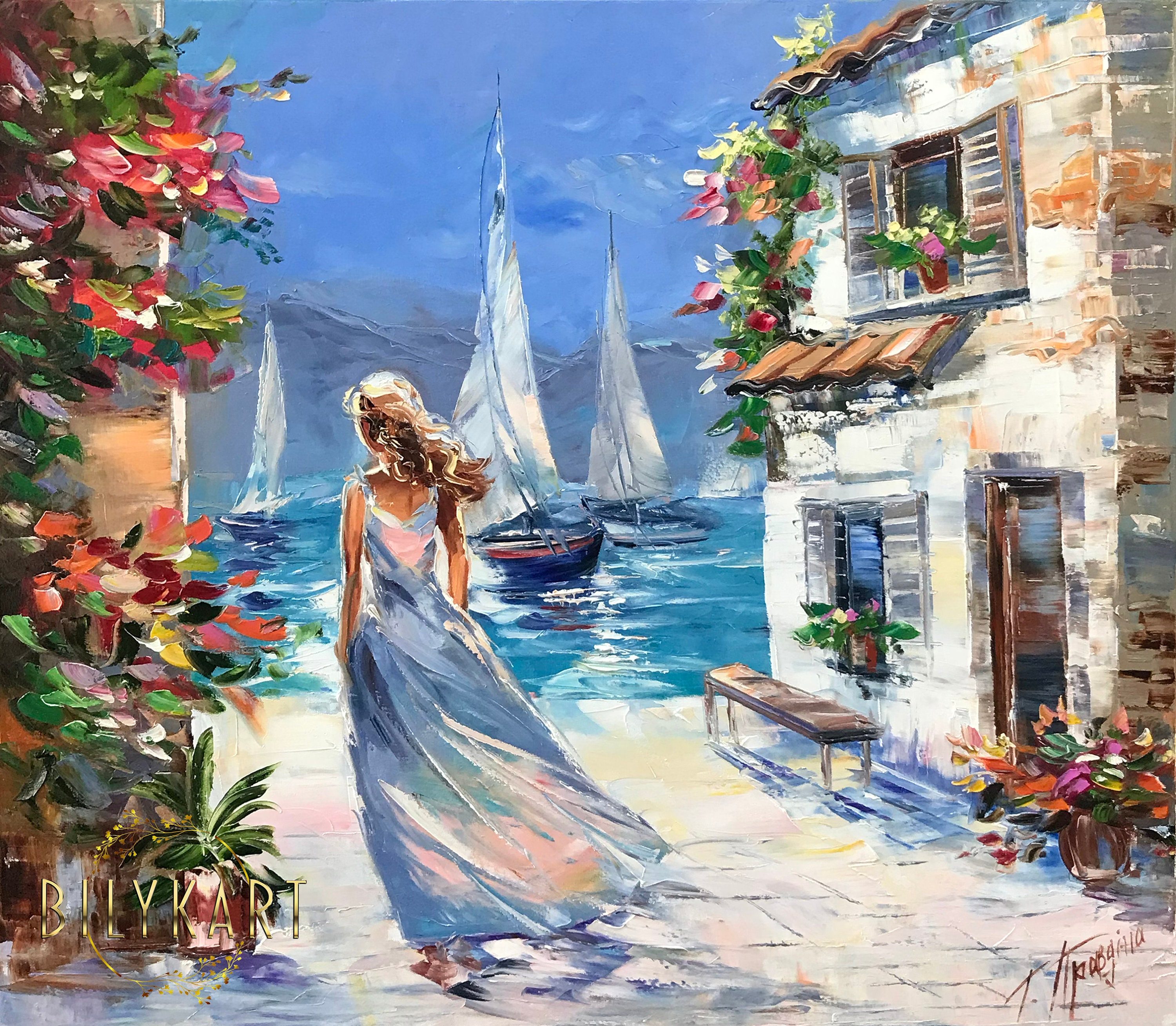 イタリア人女性の風景油絵、ビーチシーンのアートワーク、大きな