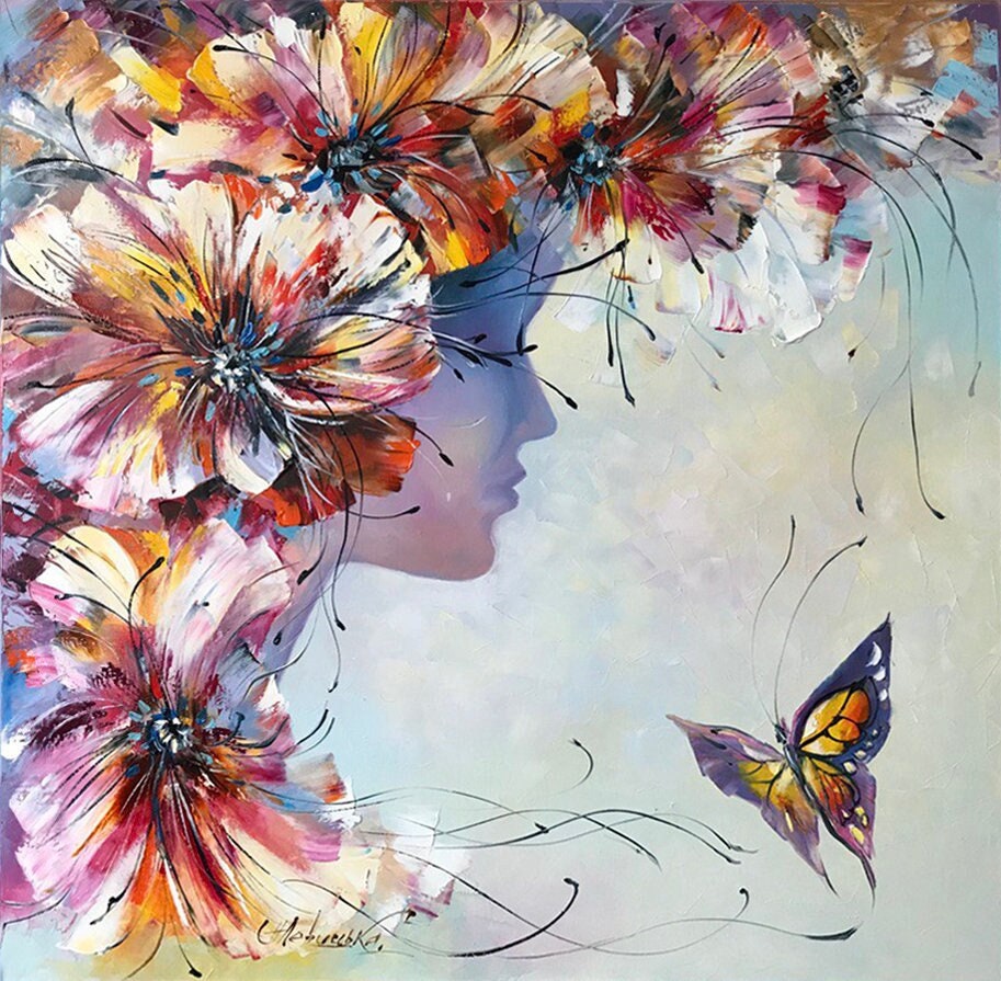 素敵な花の絵画 花を持つ女性の頭の絵画 オリジナルのフラワーパワーアート 森の